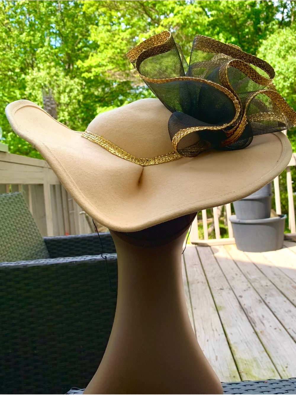Beige Wide-Brim Dress Hat with Black & Gold Bow Accent - Picture 8 of 14